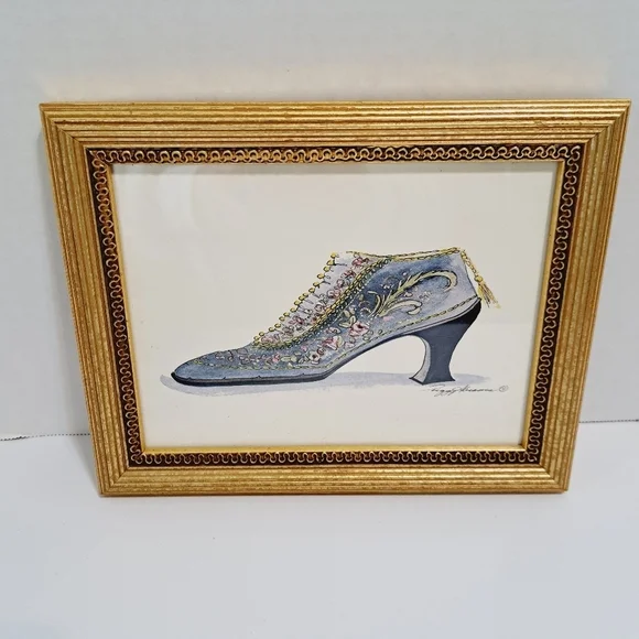 Peggy Abrams Watercolor Print Fancy‎ Antique Shoe Gold Frame - Picture 3 of 3